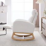 015B-Teddy Fabric Leisure Rocking Chair,Nursery Rocking Chair With Adjustable Footstool,Thickened Headrest And High Backrest, Storage Pocket On The Right Side,The Base Rocker Is Solid Wood,White