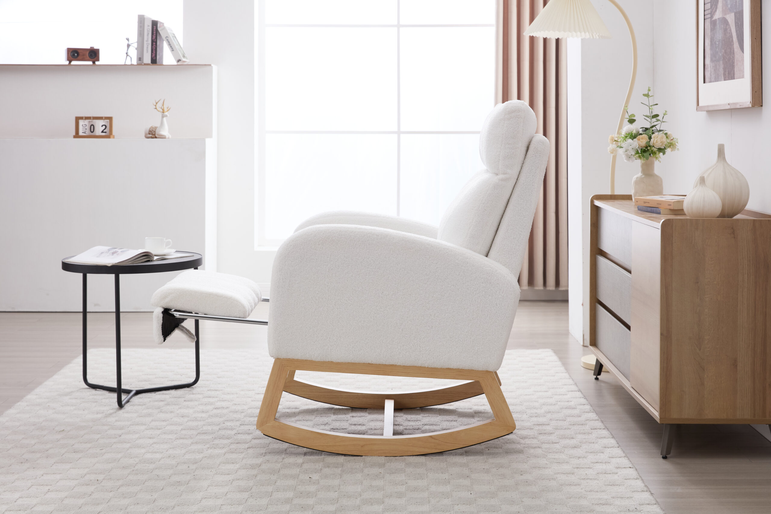 015B-Teddy Fabric Leisure Rocking Chair,Nursery Rocking Chair With Adjustable Footstool,Thickened Headrest And High Backrest, Storage Pocket On The Right Side,The Base Rocker Is Solid Wood,White - Image 21