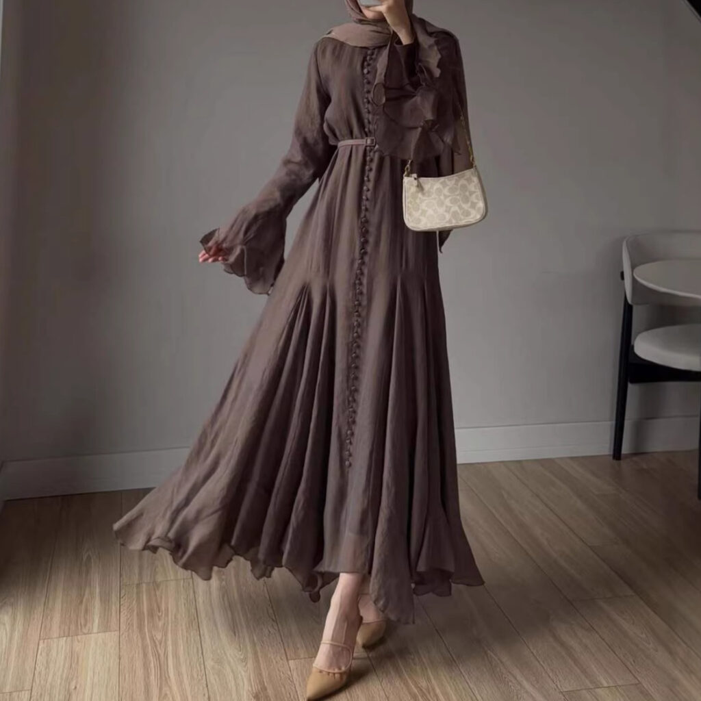 Womens Single-breasted Dress With Flared Sleeves