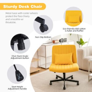 Yellow Linen Criss Cross Armless Office Chair with Wheels - Versatile for Home Office, Meditation & Makeup