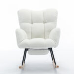 067-Teddy Fabric Leisure Rocking Chair With Adjustable Footstool,Nursery Rocking Chair, High Backrest, Storage Pocket On The Right Side,The Base Rocker Is Solid Wood And Metal,Ivory