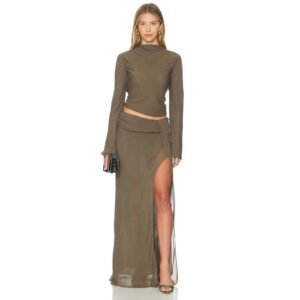 Stand-collar Pleated Flared Long-sleeve Top High-waisted Skirt