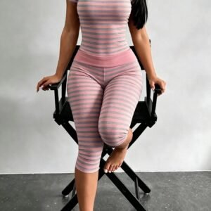 Summer New Striped Short-sleeve Leggings Set