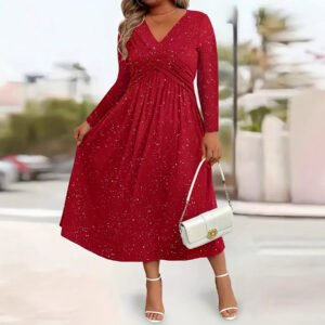 Womens Solid-Color Knotted V-Neck Plus-Size Dress With Pockets