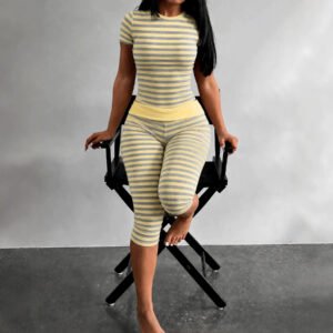 Summer New Striped Short-sleeve Leggings Set