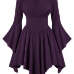 Medieval Vintage Off Shoulder Dress - Women's Cinched Waist Asymmetrical Hem Summer Casual Tunic