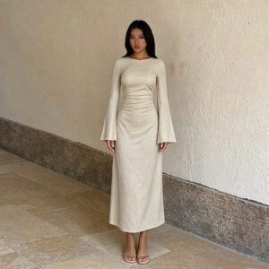 European And American-style Round-neck, Flared-sleeve Dress