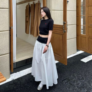 Wide-waist Woven Belt Mid-length Skirt