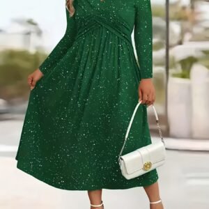 Womens Solid-Color Knotted V-Neck Plus-Size Dress With Pockets