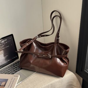 Retro Korean-style Leather-buckle Handbag With Shoulder Strap