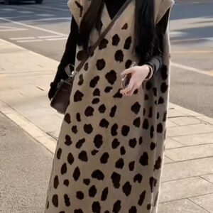 Womens Relaxed-fit Leopard-print Knitted Fashion Midi Vest Dress