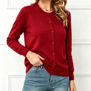 Women's Buckle Round Neck Long Sleeve Soft Knitted