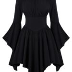 Medieval Vintage Off Shoulder Dress - Women's Cinched Waist Asymmetrical Hem Summer Casual Tunic