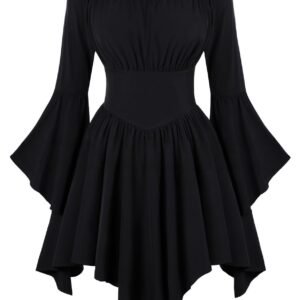 Medieval Vintage Off Shoulder Dress - Women's Cinched Waist Asymmetrical Hem Summer Casual Tunic
