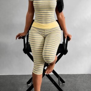 Summer New Striped Short-sleeve Leggings Set
