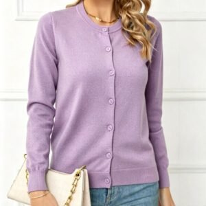 Women's Buckle Round Neck Long Sleeve Soft Knitted