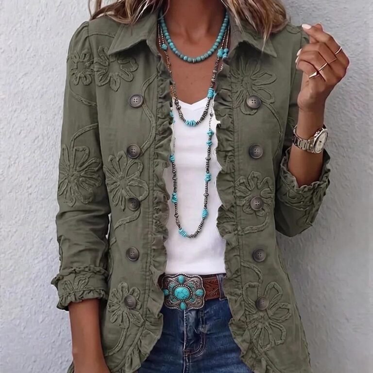 Womens Long-sleeve Cardigan With Ruffled Hem And Button Closure