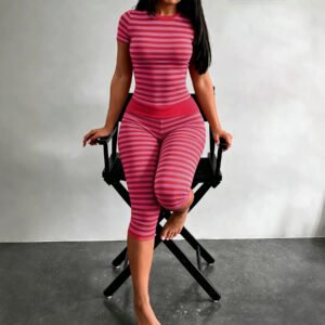 Summer New Striped Short-sleeve Leggings Set