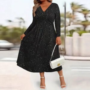Womens Solid-Color Knotted V-Neck Plus-Size Dress With Pockets