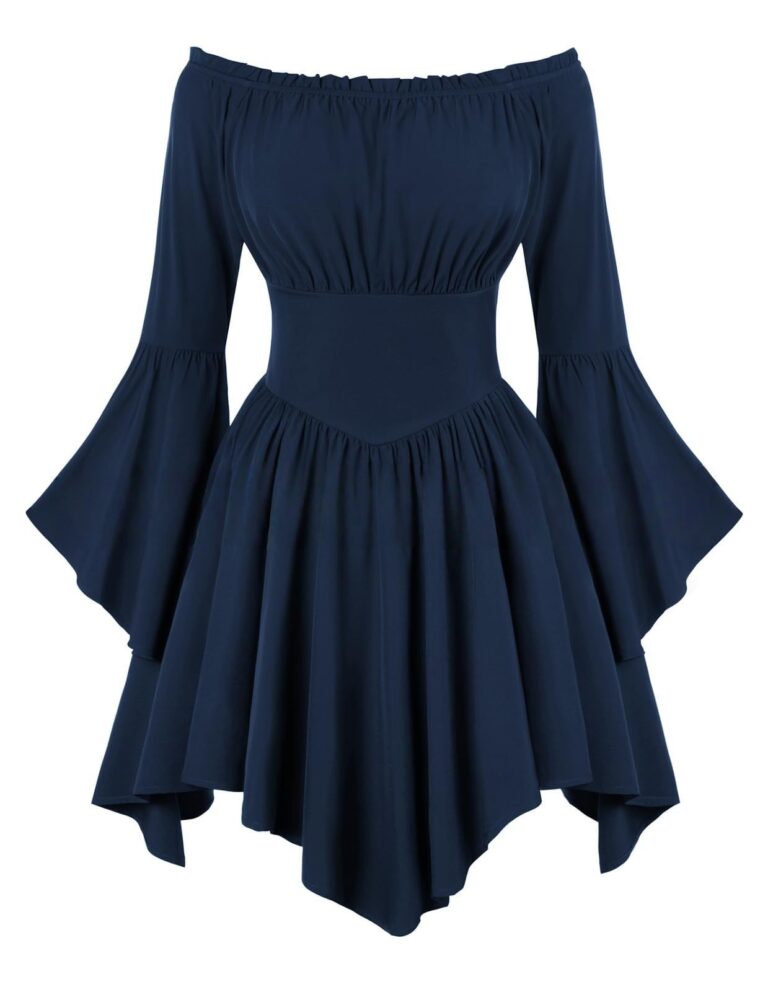 Medieval Vintage Off Shoulder Dress – Women’s Cinched Waist Asymmetrical Hem Summer Casual Tunic