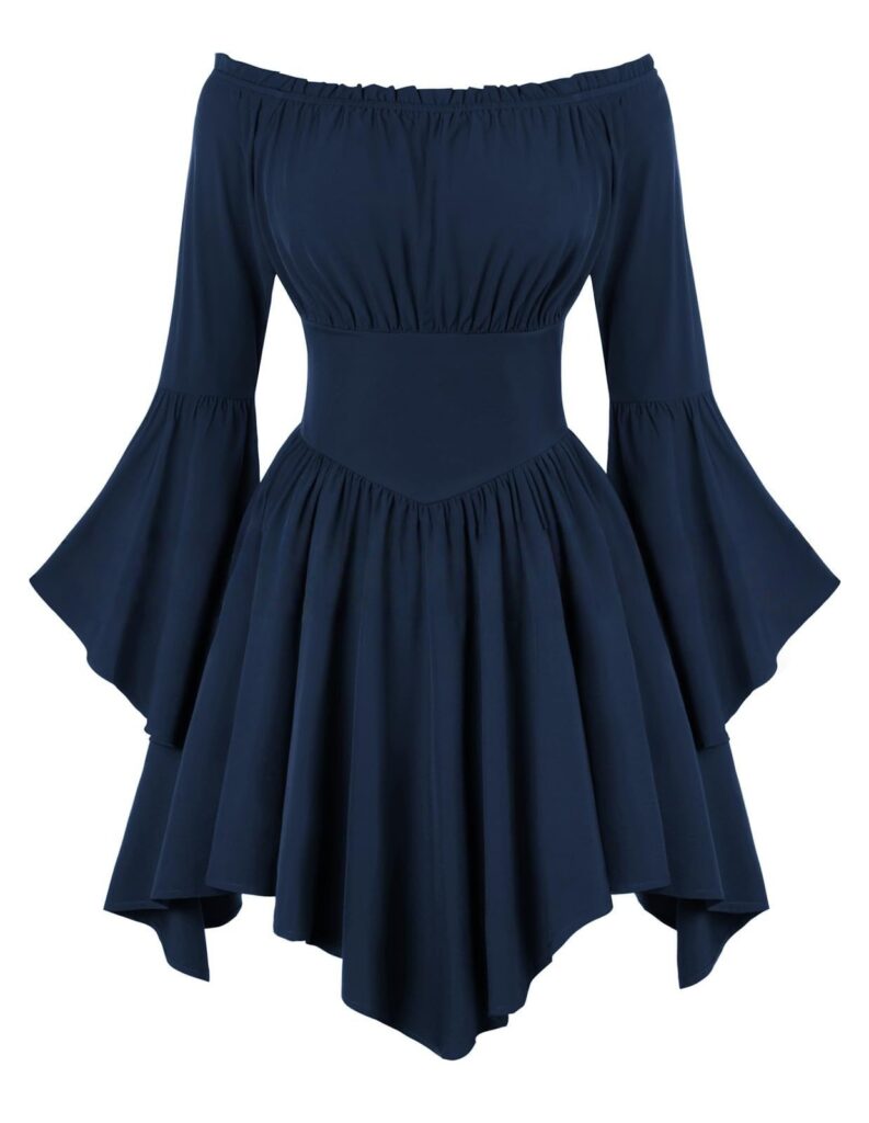Medieval Vintage Off Shoulder Dress - Women's Cinched Waist Asymmetrical Hem Summer Casual Tunic