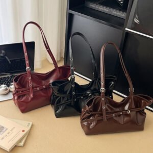 Retro Korean-style Leather-buckle Handbag With Shoulder Strap