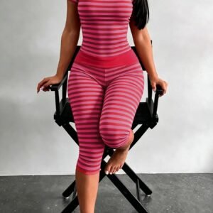 Summer New Striped Short-sleeve Leggings Set