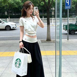 Wide-waist Woven Belt Mid-length Skirt