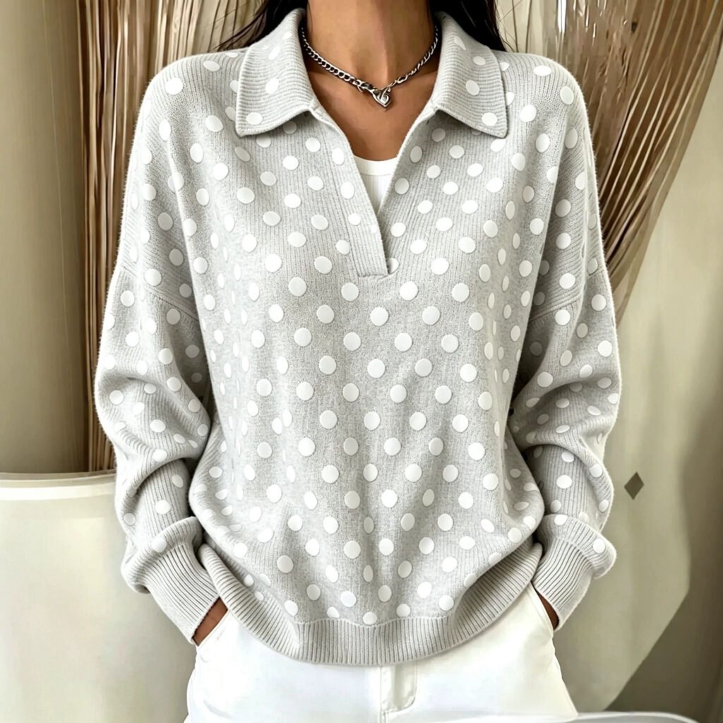 Loose-fitting Long-sleeve Polo-neck Knit Sweater With Digital Print