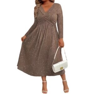 Womens Solid-Color Knotted V-Neck Plus-Size Dress With Pockets