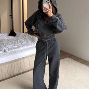Womens Washed Hoodie Two-piece Set