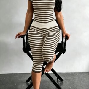Summer New Striped Short-sleeve Leggings Set