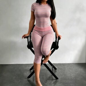 Summer New Striped Short-sleeve Leggings Set