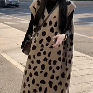 Womens Relaxed-fit Leopard-print Knitted Fashion Midi Vest Dress