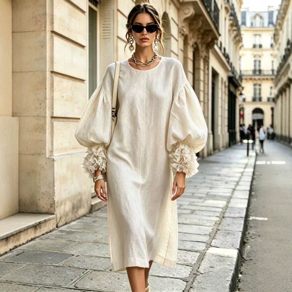 New Lantern-sleeve Loose-fit Mini Dress