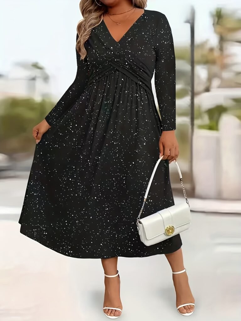 Womens Solid-Color Knotted V-Neck Plus-Size Dress With Pockets