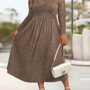Womens Solid-Color Knotted V-Neck Plus-Size Dress With Pockets