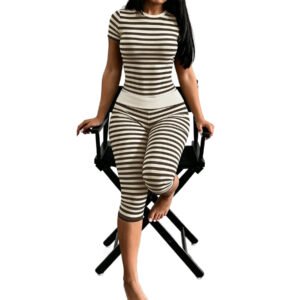 Summer New Striped Short-sleeve Leggings Set