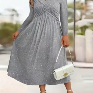 Womens Solid-Color Knotted V-Neck Plus-Size Dress With Pockets