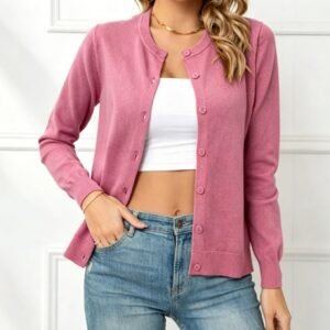 Women's Buckle Round Neck Long Sleeve Soft Knitted