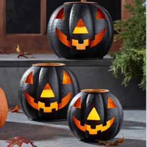 Pre-Lit Black Metal Jack-O-Lantern Set with LED Candles – Set of 3 Halloween