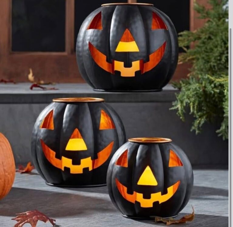 Pre-Lit Black Metal Jack-O-Lantern Set with LED Candles – Set of 3 Halloween
