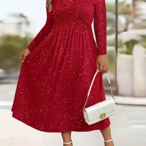 Womens Solid-Color Knotted V-Neck Plus-Size Dress With Pockets