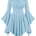 Medieval Vintage Off Shoulder Dress - Women's Cinched Waist Asymmetrical Hem Summer Casual Tunic