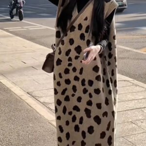 Womens Relaxed-fit Leopard-print Knitted Fashion Midi Vest Dress