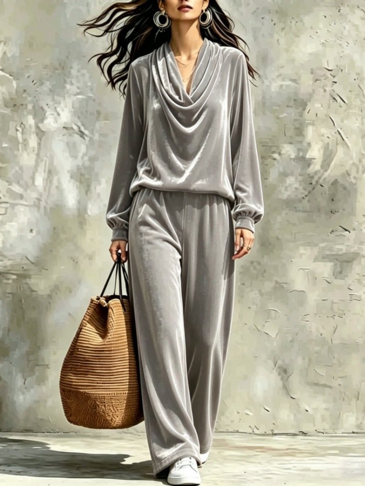 Womens Fallwinter New Drop-shoulder Top And Straight-leg Pants Set