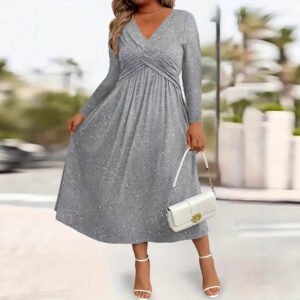 Womens Solid-Color Knotted V-Neck Plus-Size Dress With Pockets