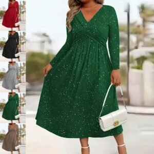 Womens Solid-Color Knotted V-Neck Plus-Size Dress With Pockets