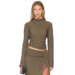 Stand-collar Pleated Flared Long-sleeve Top High-waisted Skirt