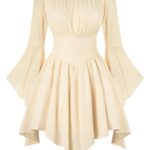 Medieval Vintage Off Shoulder Dress - Women's Cinched Waist Asymmetrical Hem Summer Casual Tunic